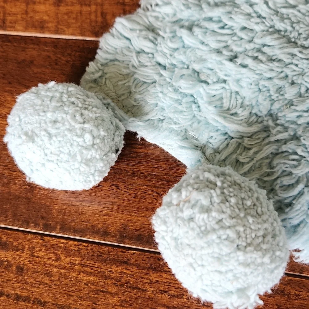 Boho Bath Mat Rug with Ball‎ Fringe Blue Cotton pompoms